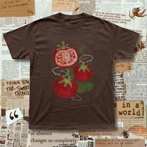 Brown Tomato Graphic Tee With Three Red Tomatoes And Green Leaves